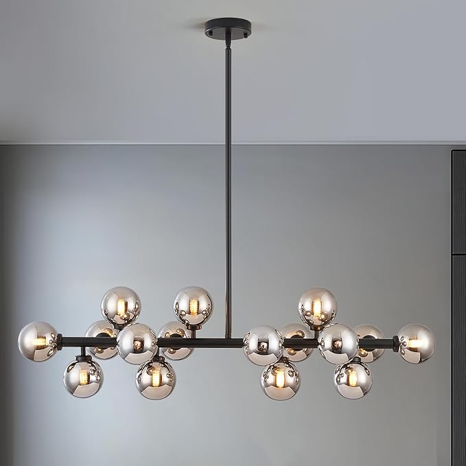 16-Light Globe Sputnik Chandelier, Mid Century Modern Light Fixture Over Table, Black Linear Chandeliers for Dining Room and Kitchen Island (Smoke Grey Glass Bubble Shades, 40 Inch)