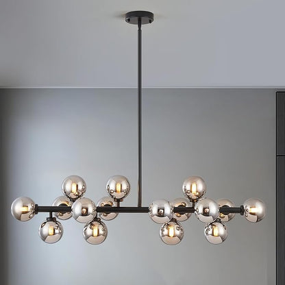 16-Light Globe Sputnik Chandelier, Mid Century Modern Light Fixture Over Table, Black Linear Chandeliers for Dining Room and Kitchen Island (Smoke Grey Glass Bubble Shades, 40 Inch)