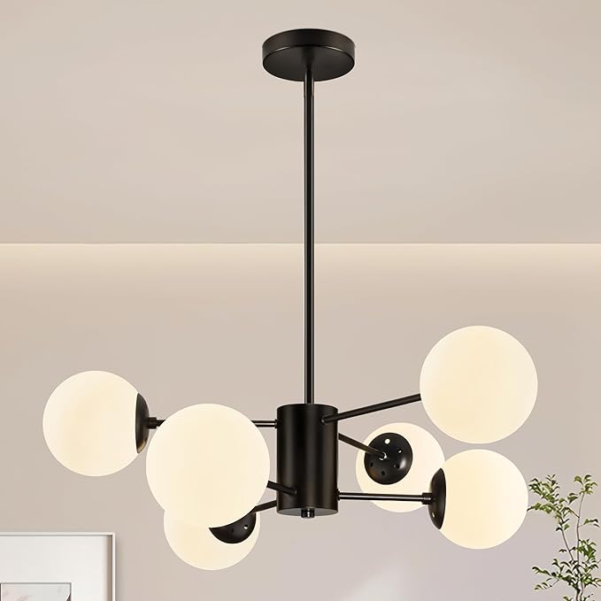Bagood 6-Light Sputnik Chandelier Black Sputnik Chandeliers Modern Mid Century Globe Pendant Light Matte Black Finished with White Frosted Globe Glass Lampshade for Dining Room Bedroom Kitchen