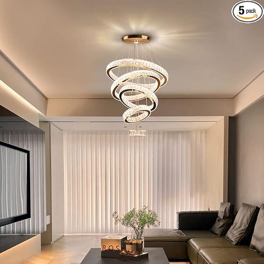 Dixun LED Big Crystal Chandeliers Modern 5 Rings Pendant Light Adjustable Ceiling Light for Bedroom Dinning Room Kitchen (Warm White)