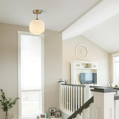 Milk Glass Flush Mount Ceiling Light Small Mid Century Modern Kitchen Lighting Fixtures Vintage Brushed Gold Semi Flush Mount Ceiling Light for Bedroom Hallway (2 Pack)