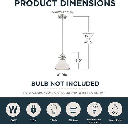 Quoizel Grant 8" Mini Pendant Light, Brushed Nickel with Opal Etched Glass, 13"–48" Adjustable Height for Kitchen Island or Bar