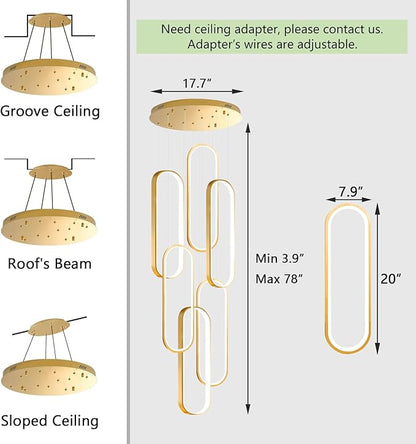6 Rings Modern Chandelier LED Dimmable Flush Mount Ceiling Light for Foyer Living Room Staircaes Gold