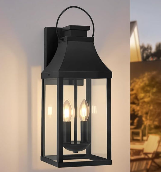 tewei 20'' Outdoor Wall Light, Porch Light Outdoor Wall Sconce Lantern, 2-Light Modern Black Exterior Lighting Fixture Wall Mount, Outside Light for House Garage, 1-Pack