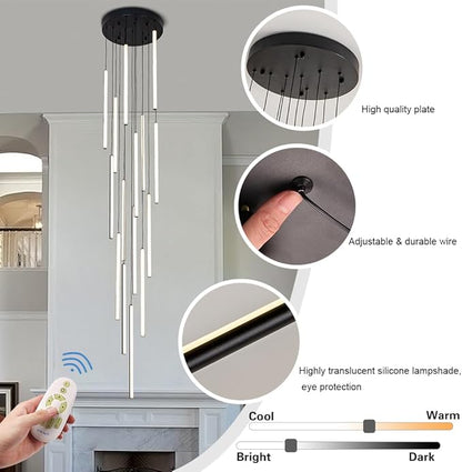 HuisMier Modern LED Staircase Chandelier, 15 Lights Long Foyer Chandeliers Black Linear Pendant Light with Remote, Dimmable High Ceiling Chandelier for Stairs Living Room Entrance, 3000K-6000K