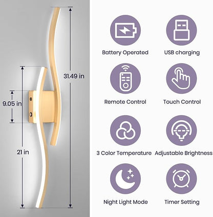 Modern LED Wall Sconce Set of Two, Battery Powered Wall Sconces Set of 2 with Timer, Gold Wall Light with Remote, LED Wall Lamp Indoor not Hardwired for Bathroom Living Room Bedroom Corridor