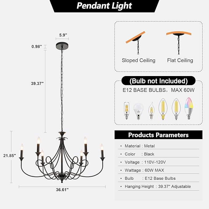 Modern 6-Lights Black Chandelier Large 36.6in Farmhouse Chandeliers Candle Dining Room Light Fixture for Living Room Kitchen Island Foyer Bedroom