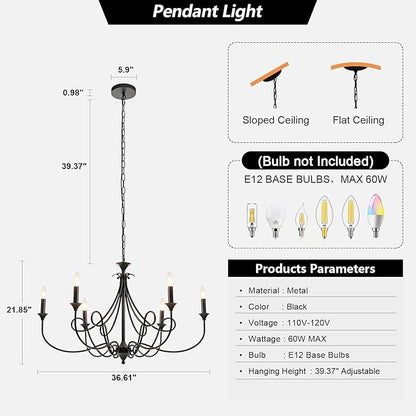 Modern 6-Lights Black Chandelier Large 36.6in Farmhouse Chandeliers Candle Dining Room Light Fixture for Living Room Kitchen Island Foyer Bedroom
