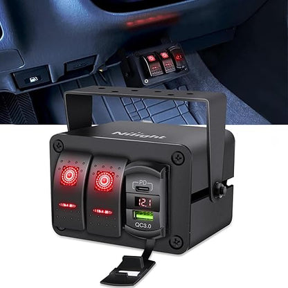 Nilight 2 Gang Rocker Switch Box 12V SPST ON Off Toggle Switches PD Type C and QC 3.0 USB Charger Voltmeter LED Light Waterproof Aluminum Mount Bracket Panel DIY Stickers for Boat Car RV Truck
