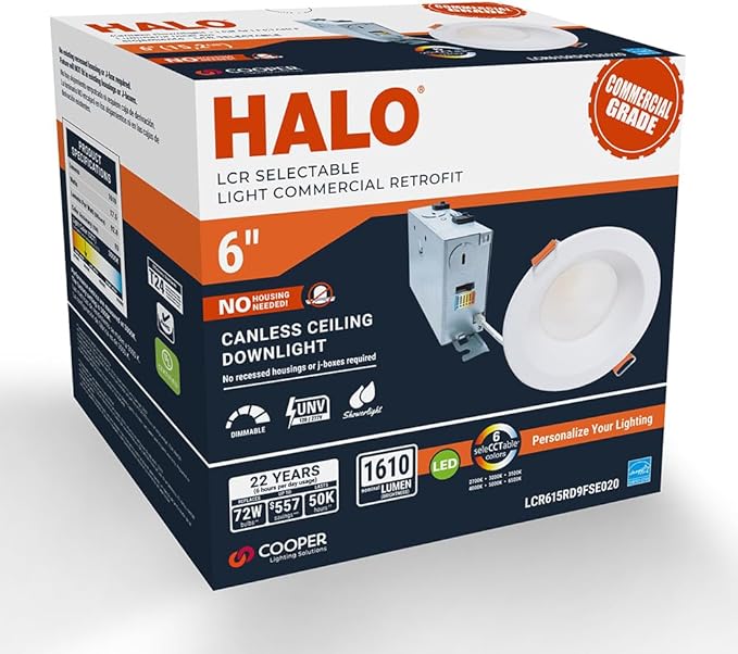 HALO LCR 6 in Canless LED Downlight, 23W, Regressed Outdoor Lighting with 6 Selectable CCT 2700K-6500K, Dimmable, 2000 Lumens, IC Rated, Wet Location, Matte White Finish - LCR615RD9FSE020