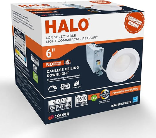 HALO LCR 6 in Canless LED Downlight, 23W, Regressed Outdoor Lighting with 6 Selectable CCT 2700K-6500K, Dimmable, 2000 Lumens, IC Rated, Wet Location, Matte White Finish - LCR615RD9FSE020