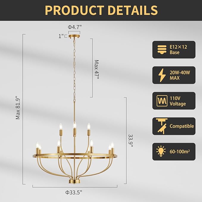 33.5" Modern Gold Chandelier Light Fixture Vintage Mid Century Modern 12-Lights Candle Style Chandeliers Retro Golden Chandelier for Dining Room, Kitchen Island, Living Room, E12