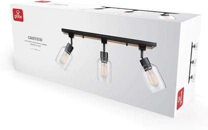 Globe Electric 59798 3-Light Track Lighting, Wood Toned and Matte Black Finish, 25 inch, Clear Glass Shades, Adjustable Heads, E26 Base, Dimmable, Rustic Modern Style