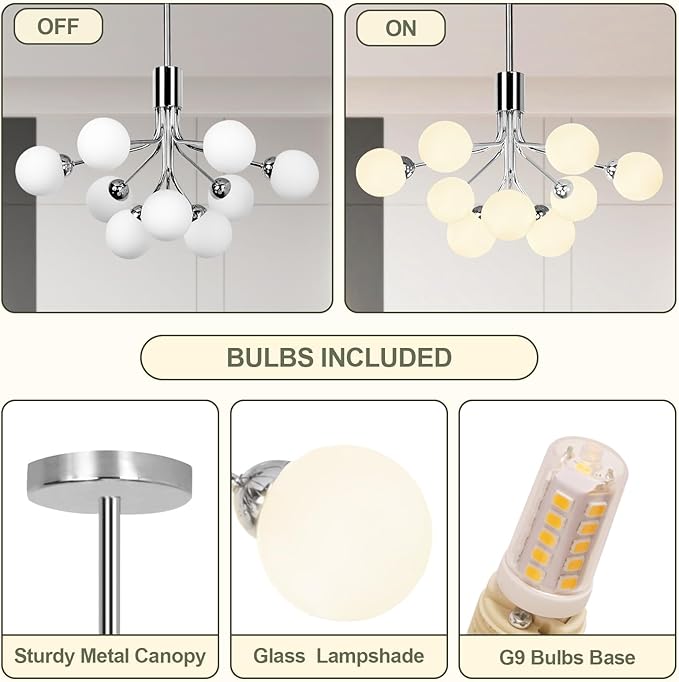 Depuley Glass Ball Sputnik Chandelier: 9-Light Modern Mid Century Chrome Chandelier Dining Room - 23.6" Globe Chandelier Light Fixture Height Adjustable Kitchen Over Table (Included G9 Bulbs)