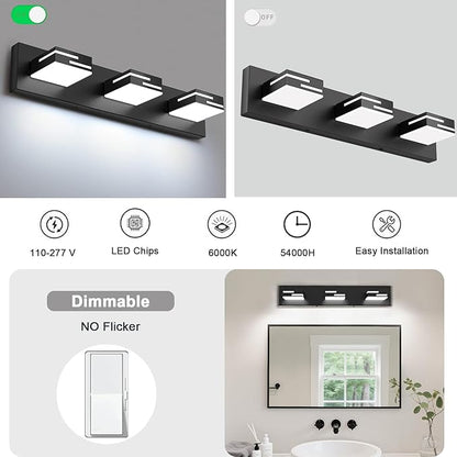 LED Modern Bathroom Vanity Light Fixtures, 3-Light 22-inch Dimmable Matte Black Vanity Lights for Bathroom Lighting Fixtures Over Mirror, with 360° Rotatable Acrylic Heads (Cool White 6000K)