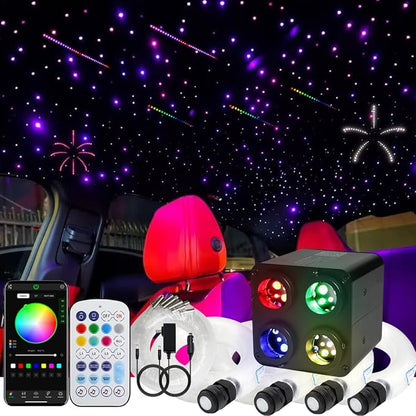 AZIMOM 4Colors 2 in 1 Meteor Twinkle Fiber Optic Starlight Headliner Kits 1000pcs 0.03in13.1ft Fiber Strands,RGB Meteor Shooting Star 240pcs, Sound Remote APP Control Home Ceiling Car Headliner Decor