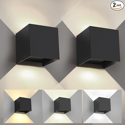 2 Pack Modern Outdoor Wall Lights, ETL Listed 15W Square LED Exterior Wall Sconce, 3 Color Temperature Selectable, Adjustable Up and Down Lighting Fixtures, IP65 Waterproof Aluminum Porch Light