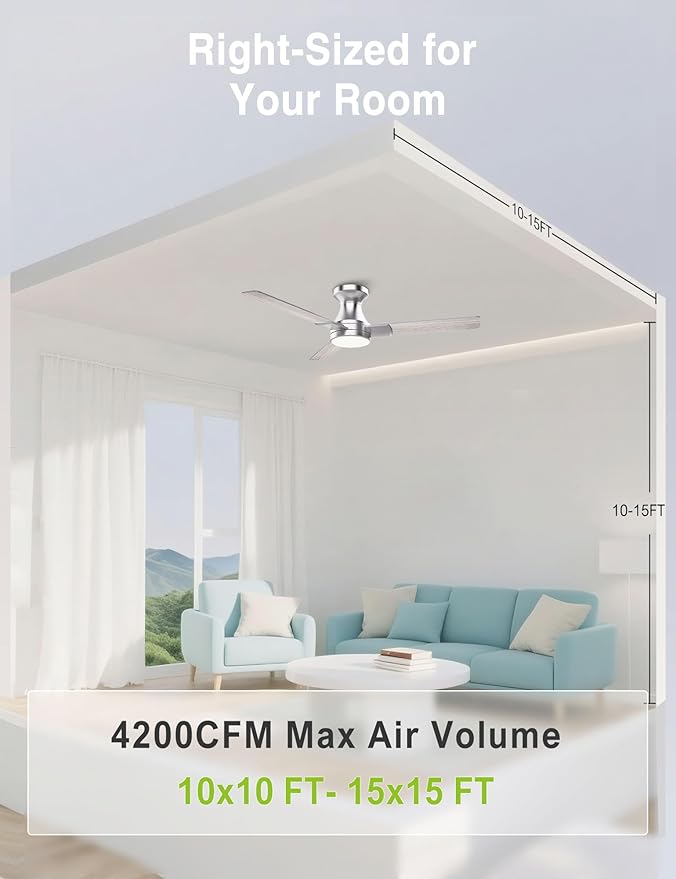 DAMINY 42 inch Ceiling Fans with Lights,3 Blades,6CCT, Low Profile Ceiling Fan with Light and Remote Control,Ceiling Fan for Bedroom, Kitchen,Indoor/Outdoor Use,Flush Mount-Nickel