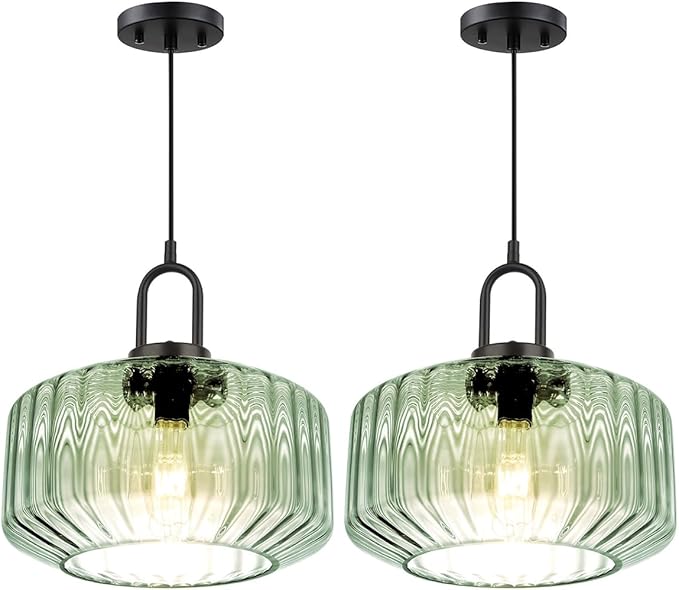 2-Lights Modern Hanging Light Green Pendant Light Fixtures Mid Century Large Glass Pendant Lights 11" Striped Glass Shade Black Schoolhouse Kitchen Sink Ceiling Hanging Lamp Fixture