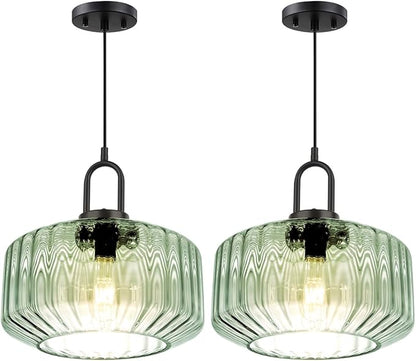 2-Lights Modern Hanging Light Green Pendant Light Fixtures Mid Century Large Glass Pendant Lights 11" Striped Glass Shade Black Schoolhouse Kitchen Sink Ceiling Hanging Lamp Fixture