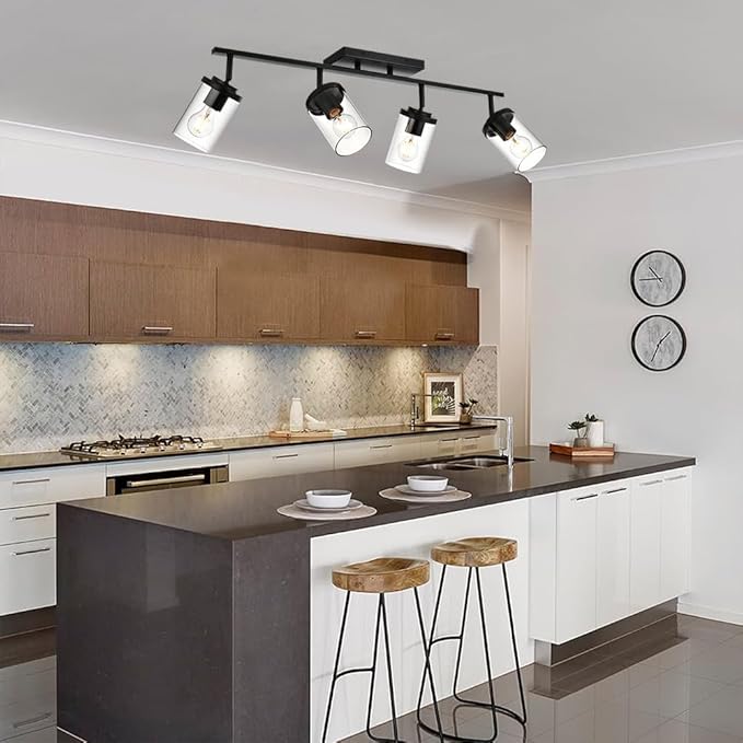 BONLICHT Ceiling Spotlights Track Lighting Kit 4 Light Bathroom Vanity Lighting Black Modern Multi-Directional Ceiling Mount Fixture Industrial Farmhouse Sconces Wall Mount Lamp with Clear Glass Shade