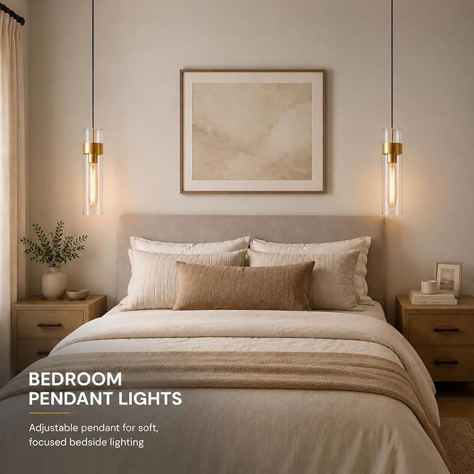 Modern Glass Brass Pendant Lights Kitchen Island, Adjustable Cord Pendant Light Fixtures, Kitchen Pendant Lighting Over Island, Indoor Chandelier for Bedroom Bathroom, Included Bulb