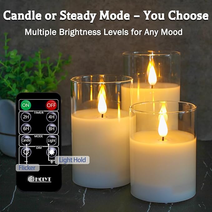 Rechargeable Flameless Glass Pillar Candles–Gifts for Women,–Set of 3, Realistic Flickering LED Light,Remote & Timer, Ideal for Living Room, Bedroom & Festival Wedding Home Party Decor