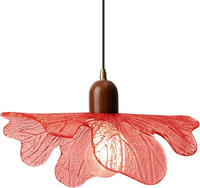 Modern Flower Pendant Light Fixture 13" Glass Hanging Light Wooden Chandelier Red Adjustable Pendant Lighting for Bedroom Dining Room Entryway