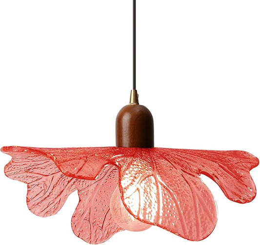 Modern Flower Pendant Light Fixture 13" Glass Hanging Light Wooden Chandelier Red Adjustable Pendant Lighting for Bedroom Dining Room Entryway