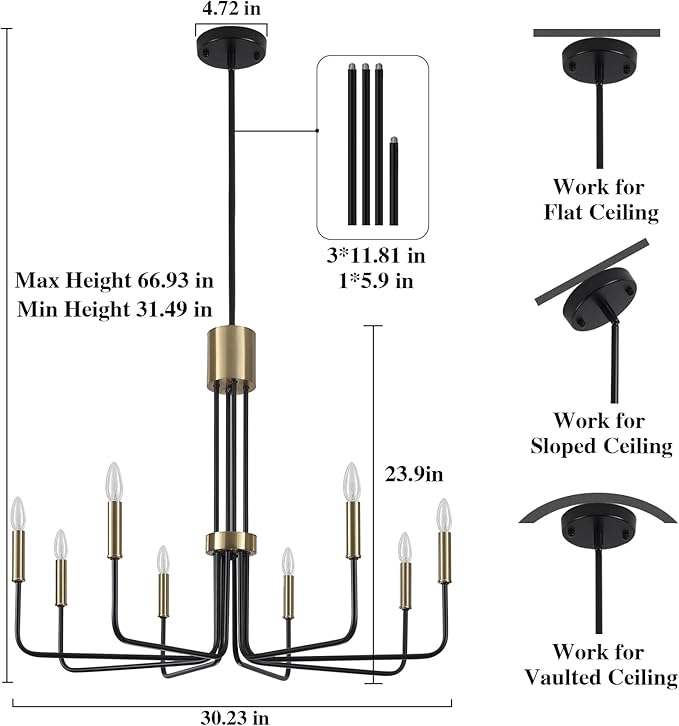 Black and Gold Chandelier, 8 Light Modern Chandeliers for Dining Room Light Fixture, Farmhouse Chandelier for Living Room, Bedroom, Kitchen, Entryway, Foyer