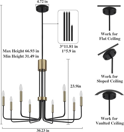 Black and Gold Chandelier, 8 Light Modern Chandeliers for Dining Room Light Fixture, Farmhouse Chandelier for Living Room, Bedroom, Kitchen, Entryway, Foyer