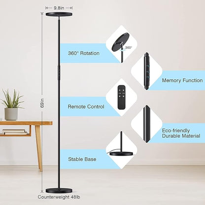 OHLUX Floor Lamps for Living Room, Bright LED Standing Lamp with Remote, Modern Color Changing Tall Lamp with Stepless Dimming, 69" Corner Floor Lamp for Bedroom, Office, Black