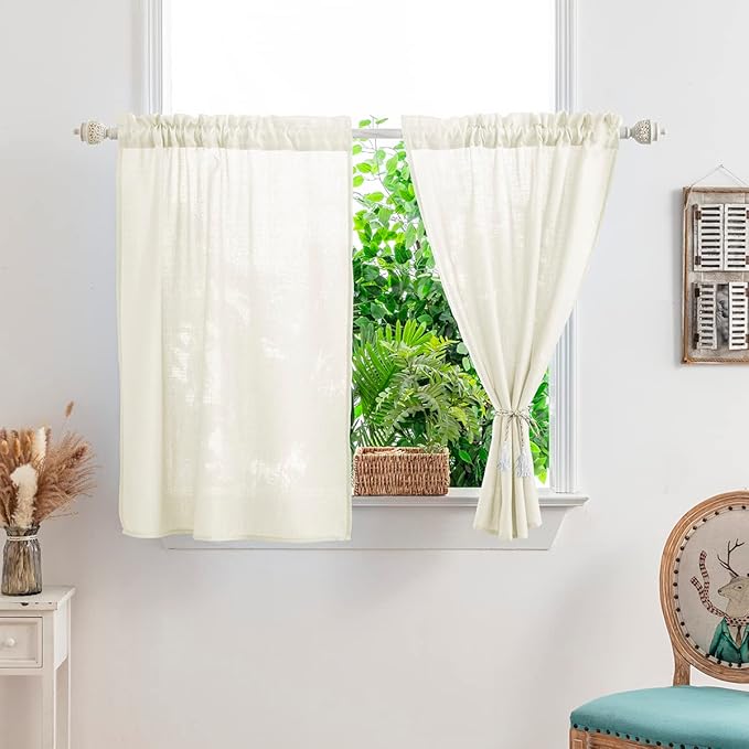 Yancorp Beige Linen Textured Short Curtains - Farmhouse Cafe Style, 24" W x 24" L, Small Windows for Bathroom, Laundry Room