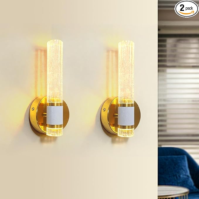 Gold Battery Operated Wall Sconces Set of Two, Dimmable Timer Wall Lamp Wireless Rechargeable Wall Light for Home Decor Living Room Bedroom Bedside Study Room Bathroom