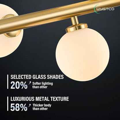 56 Inch Brass Gold Linear Chandeliers for Dining Room, Kitchen Island, Living Room, 16-Light Mid Century Modern Light Fixture Over Table, Large White Glass Globe Sputnik Bubble Chandelier