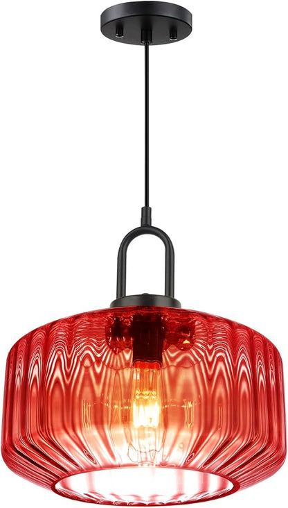 Kitchen Island Pendant Light Fixture Red Glass Hanging Lights with 11" Hand Blown Glass Shade Vintage Modern Ceiling Pendant Lighting Black Metal Finish Dining Room Adjustable Height