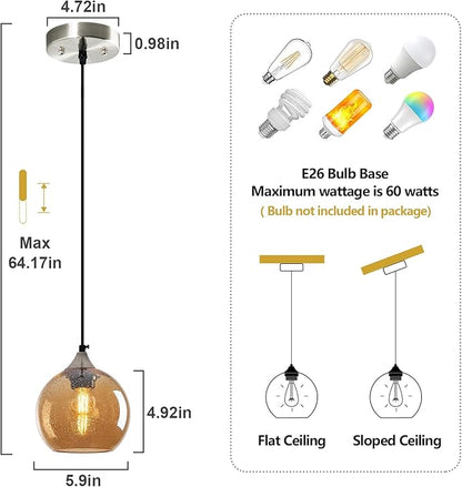 Amber Glass Pendant Lights Kitchen Island Globe Pendant Light Fixtures Modern Pendant Lighting for Bedroom Living Dining Room Light Fixture (5.9 in, 1 Pack)