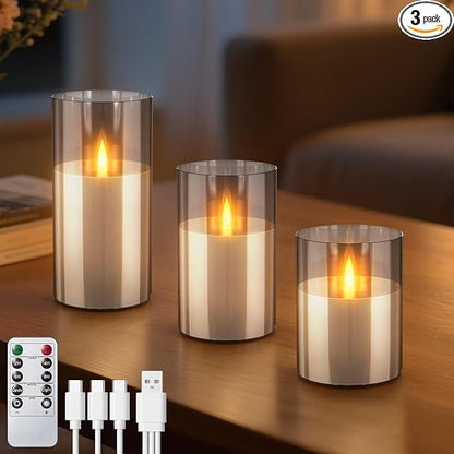 3PC Rechargeable Led Candles, Flameless Flickering with Remote & Timer, with Real Wax Candle in Glass Warm Color Light, Lasting for 200+ Hours for Festival, Party, Bedroom, Living Room Decor. Gray