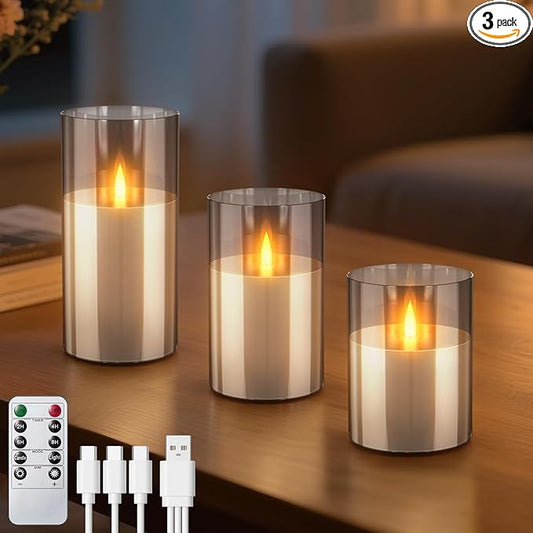 3PC Rechargeable Led Candles, Flameless Flickering with Remote & Timer, with Real Wax Candle in Glass Warm Color Light, Lasting for 200+ Hours for Festival, Party, Bedroom, Living Room Decor. Gray