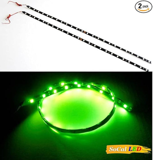 SOCAL-LED LIGHTING 60cm 24" Green Flexible LED Strips High Power Bright 5050 12 SMD Car DRL Under Dash Accent Light, Waterproof, Cuttable, Pack of 2