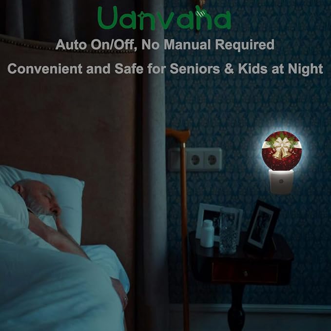 Winter Decorative Night Light Christmas Bells and Beige Bow Plug-in Nightlight Energy Saving 0.5W LED Lighting for Boys Girls Men Women Bedroom