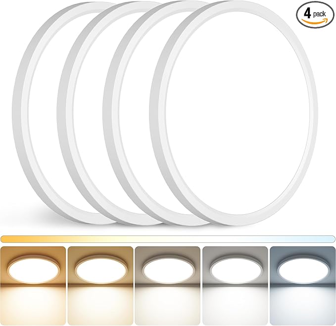 Peasur 12 inch LED Ceiling Light, 3000K/3500K/4000K/5000K/6500K Adjustable Flush Mount Light Fixture, 2400LM 24W Thin White Round Lamp for Hallway Kitchen Bathroom Bedroom, 4Pack