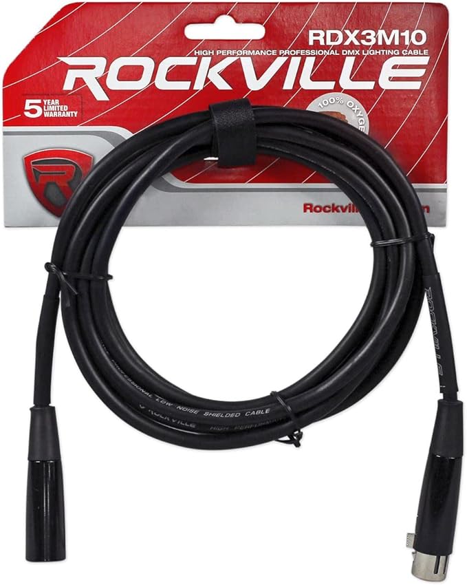 Rockville RDX3M10 10 Foot 3 Pin DMX Lighting Cable 100% OFC Copper Female to Male