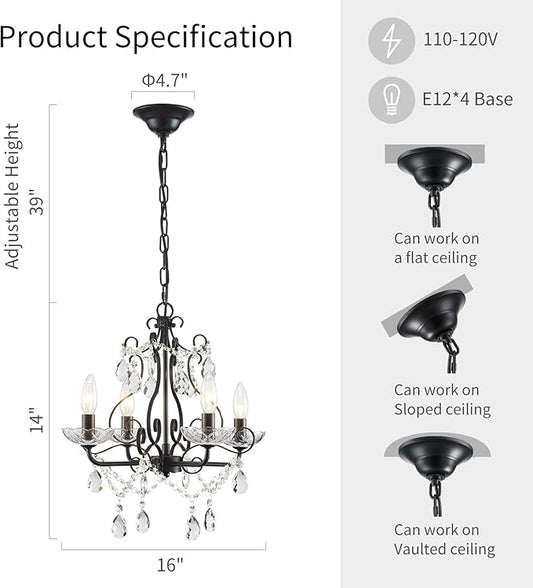 WUZUPS Crystal Candle Chandelier Pendant Flushmount Ceiling Light Modern Lighting Fixture for Bedroom Hallway Bar Kitchen Bathroom, H 14" x W 16", Black, E12 Base