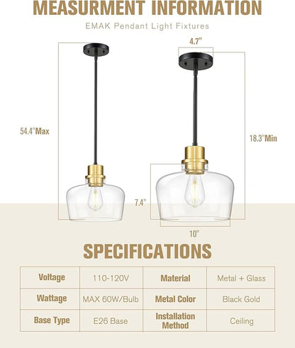 Emak 10 Inch Large Glass Pendant Lights Kitchen Island, Black and Gold Pendant Light Fixtures, Modern Farmhouse Island Lights for Kitchen, Dining Room, Bathroom, PL126-BKBGD-CG