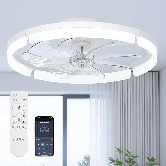 addlon Ceiling Fans with Lights and Remote, 20'' Low Profile Ceiling Fans, 3000-6000K Dimmable Modern Flush Mount LED Fan Light, Fandelier Ceiling Fan for Bedroom, Kitchen, Living Room, White