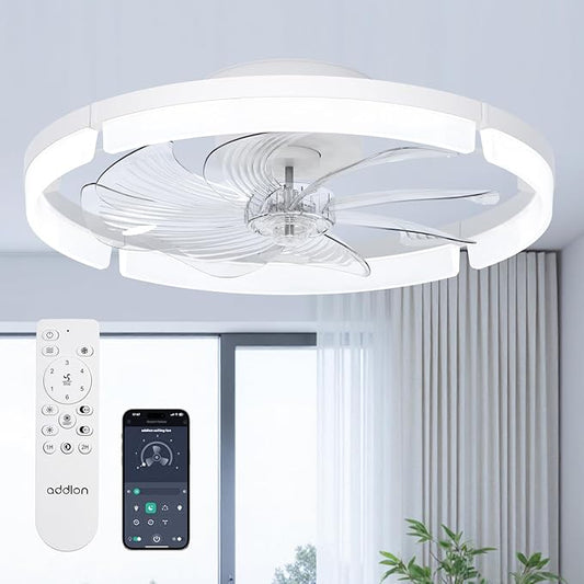 addlon Ceiling Fans with Lights and Remote, 20'' Low Profile Ceiling Fans, 3000-6000K Dimmable Modern Flush Mount LED Fan Light, Fandelier Ceiling Fan for Bedroom, Kitchen, Living Room, White