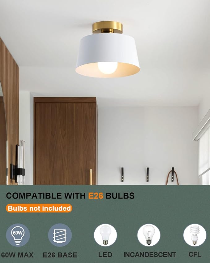 Modern Semi Flush Mount Ceiling Light with Gold Plate and Matte White Shade, Farmhouse Ceiling Light Fixture for Kitchen Island Dining Room Foyer Hallway Porch Barn Loft，10in (White 2 Pack)