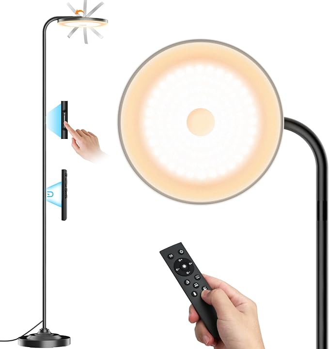 SIBRILLE 36W LED Floor Lamp, Super Bright Standing Lamp, Modern Stepless Dimmable Torchiere Tall Lamp with Remote Control, 350°Rotating Head Reading Floor Lamp for Living Room, Bedroom, Office