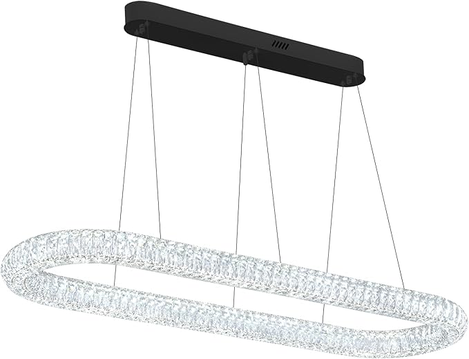 LED Crystal Ring Chandelier, 47.2'' Black Crystal Ring Pendant Light for Kitchen Island Modern Linear Oval Chandeliers for Dining Room Dimmable 3000K-6000K